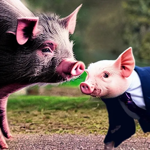 Image similar to a pig wearing a suit fighting with a cat photo - realistic