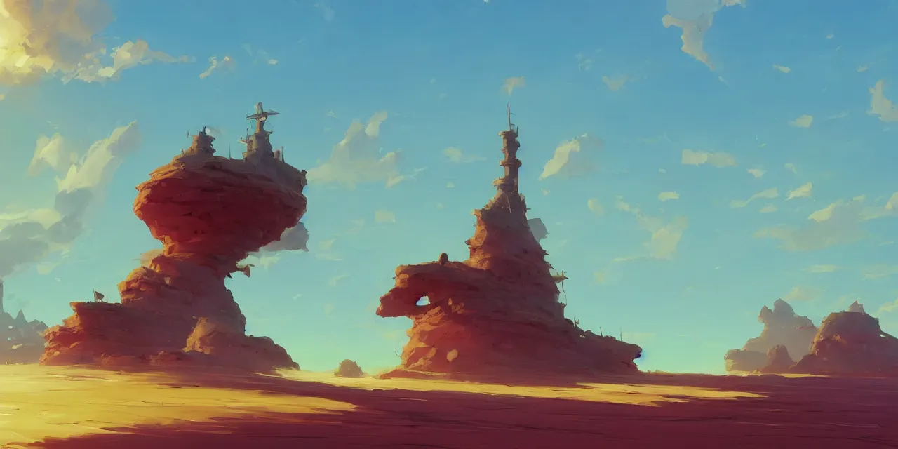 Image similar to blue desert, organic tower in the distance, green sky with a red sun, pirate ship floating in the sky, official fanart behance hd artstation by jesper ejsing, by rhads, makoto shinkai and lois van baarle, ilya kuvshinov, ossdraws