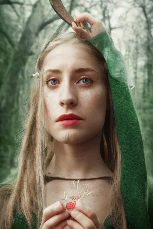 Image similar to a portrait of a magical female elf looking to the camera with the rune of nature in her forehead, graflex, 5 0 mm