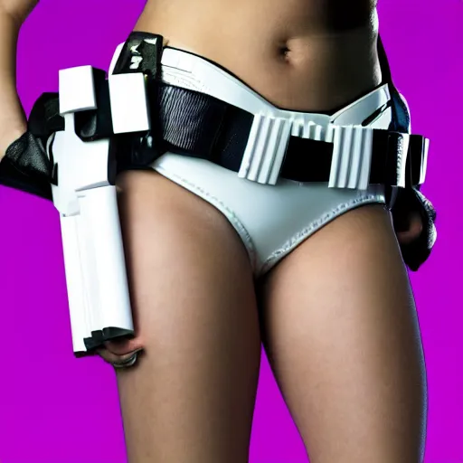 Image similar to female stormtrooper with stormtrooper - helmet in white bikini, bending over, tattoos of star wars symbols, color halftone pattern