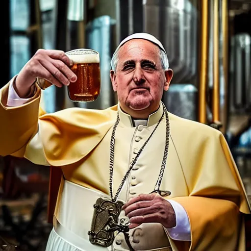 Prompt: photo of the steampunk Pope drinking a beer, 50mm, beautiful photo