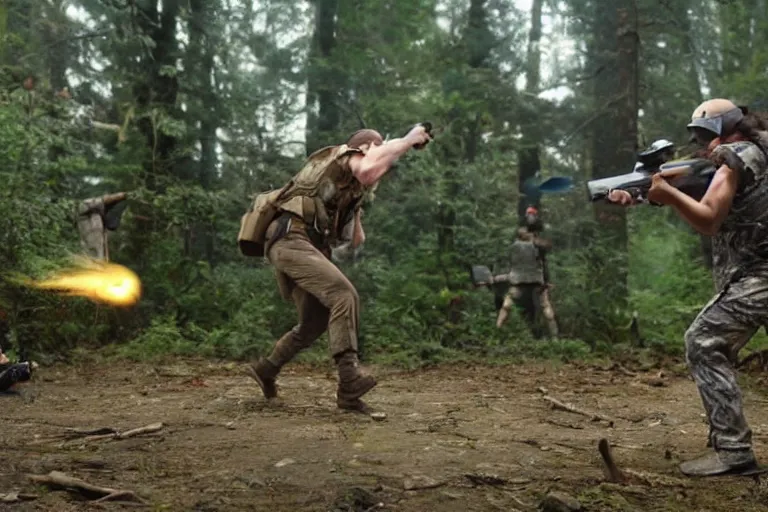 Image similar to woodland creatures battling at war with guns, bullet time, woodland setting