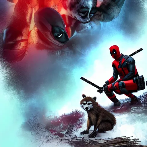 Image similar to deadpool and rocket raccoon in the woods digital art 4 k detailed