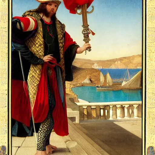 Prompt: A snake with jester hat and clothes on a greek circle archi on the front of a Balustrade with a beach and a sail boat on the background, major arcana cards, by paul delaroche and arnold böcklin hyperrealistic 8k, very detailed