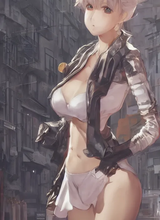 Prompt: 3 d woman stands in a street - poster by wlop, kiyohara tama, krenz cushart, masamune shirow, makoto shinkai. featured on pixiv, anime aesthetic, pixiv, anime, cold tones, artstation, power lines, vanitas, official art, gothic dark noise film photo - up portrait