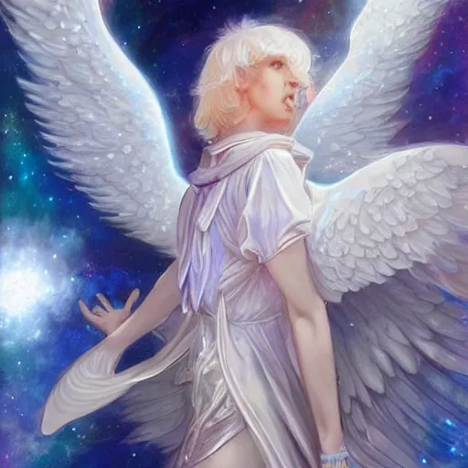 Prompt: harmony of white haired angel yoongi wearing greek clothes, muted colors, nebula background, neon sparkles everywhere, big wings, dynamic hair movement, + + + + dynamic pose, holographic space, glowing effect, j. c leyendecker, by alan lee, wlop! illustrated by starember, fantasy art by craig mullins