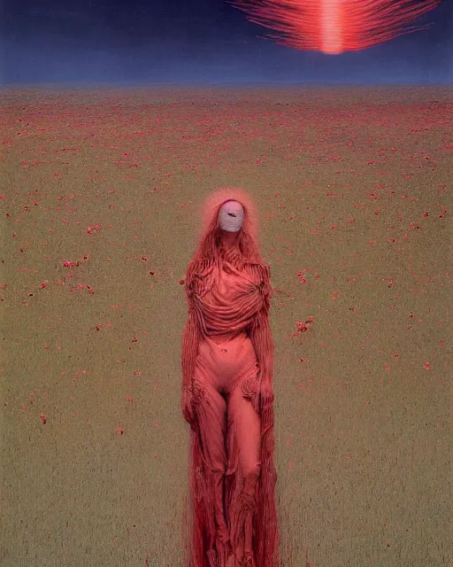 Image similar to A portrait of a woman wearing clothes made out of dying flowers, nuclear explosion in the background, Masterpiece, red skin, glowing, wires everywhere, by Edgar Maxence and Ross Tran, Zdzisław Beksiński, and Michael Whelan, distant, gustav dore, H.R. Giger, 8k, octane render