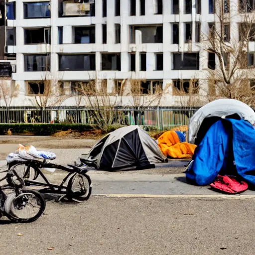 Prompt: homeless person luxury encampment