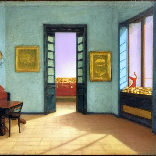 Prompt: golden dragon in a room, daguerreotype by edward hopper, by henri rousseau, by Bosch, by Klimt, art noveau, highly detailed, strong lights, liminal, eerie, Bright pastel colors, octane render, 8k