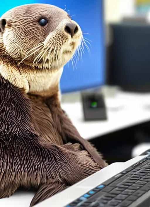 Prompt: cute sea otter wearing headphones sitting in front of a computer