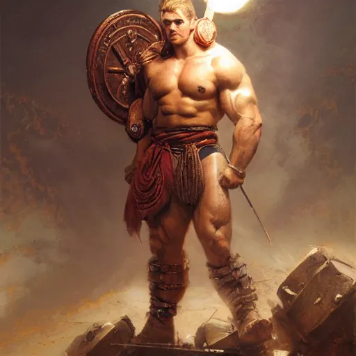 Image similar to handsome portrait of a spartan guy bodybuilder posing, radiant light, caustics, war hero, final fantasy, by gaston bussiere, bayard wu, greg rutkowski, giger, maxim verehin