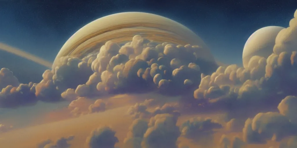 Image similar to blue dreamy cloudscape with a single planet in the clouds, ringed planet, daylight, cinematic lighting, cinematic perspective, syd mead, john harris, federico pelat,