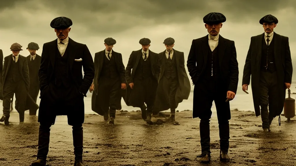 Image similar to the peaky blinders shrimps coming out of the ocean film still from the movie directed by denis villeneuve with art direction by zdzis