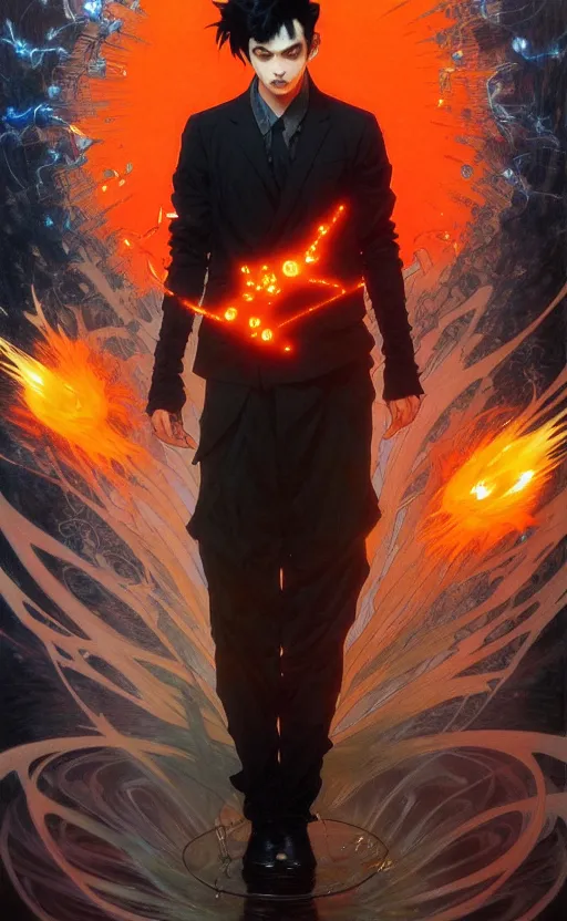 Image similar to a mad guy with spike black hair, orange spike aura in motion, damaged japanese clothes, floating pieces, painted by art by tsuyoshi nagano, greg rutkowski, artgerm, alphonse mucha