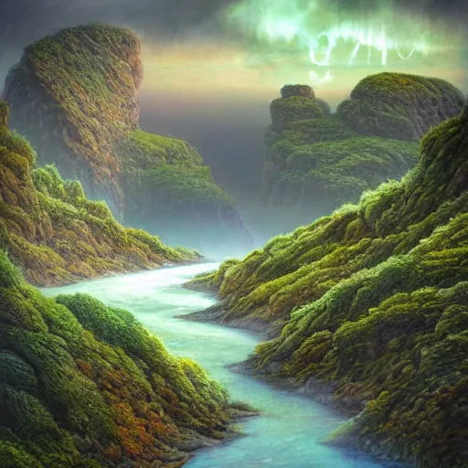 Image similar to artistic digital artwork of a lush natural scene on an alien planet. beautiful landscape by vincent bons, michael whelan and remedios varo. weird vegetation. cliffs and water. grainy and rough. interesting pastel colour palette. beautiful light. oil and water colour based on high quality render.