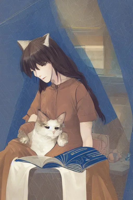 Image similar to a digital painting of a girl reading a book with a cat in A comfortable study room at night,blue theme,geometric shapes,S line,hard edges,jk uniform ,Hairdryer by mucha and krenz cushart and range murata