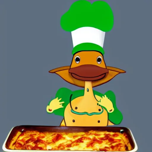 Prompt: cute platypus wearing a chef hat and holding a lasagna with three basil leaves over the lasagna, pixar style, ultradetailed