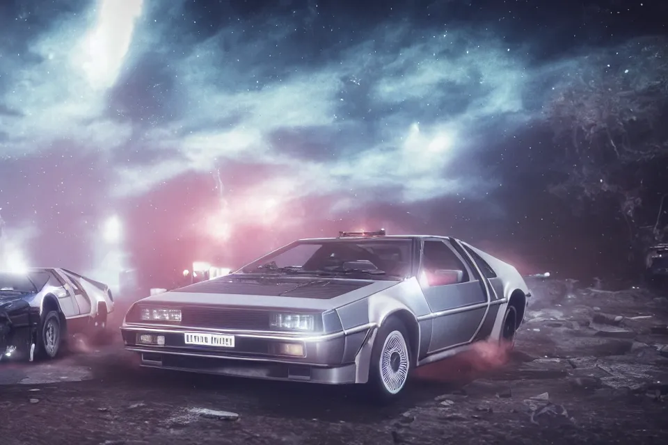 Image similar to ultra realistic delorean dmc 5 drifting next to toyta trueno ae 8 6 on ancient space highway wreckage in space, dark cinematic, volumetric, realistic, 3 d render, realistic render, cinematic lighting, volumetric lighting, atmospheric, cinematic, unreal engine 5, unreal engine render, octane render, hd, photorealism, hyper realistic, 8 k