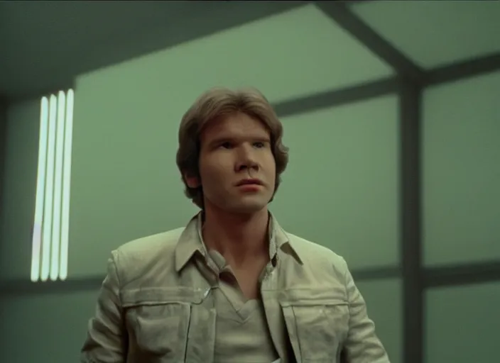 Image similar to screenshot of portrait Han Solo standing in an surreal light green 70s round minimalist architecture, iconic scene from 1970s film by Stanley Kubrick, the lost Star Wars Film, moody hazy lighting, stunning cinematography, hyper-detailed, crisp, anamorphic lenses, kodak color film stock, 4k, very detailed, hyper real render