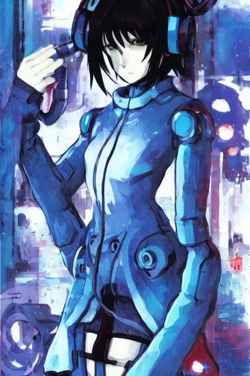 Prompt: manga cover art of a mysterious cyberpunk blue-haired anime girl wearing a plugsuit, serial experiments lain, painted by tsutomu nihei