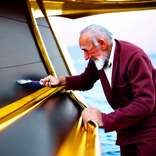 Image similar to wrinkled hunchbacked old man in musty burgundy suit, polishing painting the side of a huge gold plated mega yacht with a cloth, maintenance photo