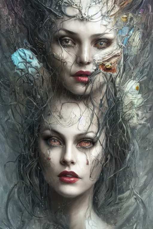 Image similar to single face portrait. very complex hyper-maximalist overdetailed cinematic darkfantasy portrait of an elegant very attractive but dangerous and wild female ent lady by andrei riabovitchev, tomasz alen kopera, oleksandra shchaslyva. Omnious intricate. Focus on face. Artstation. Deviantart. 8k 4k 64megapixel. Rendered by binx.ly. discodiffusion style portrait.