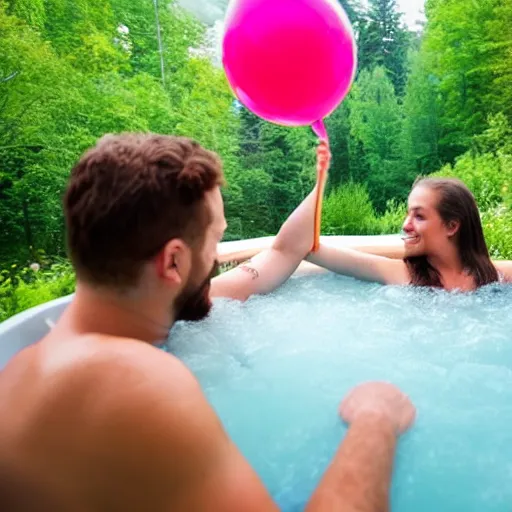 Image similar to people in a hot tub by a cabin in nature, everyone holding a balloon each