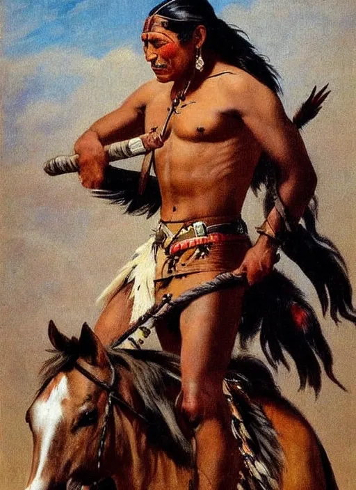 Image similar to powerful native american warrior!! beautiful native american sitting on horse, nineteenth century, painted by frazetta