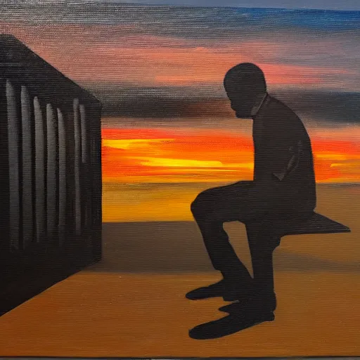 Image similar to oil on canvas, modern street art, a man sitting on a bench looking at the sunset