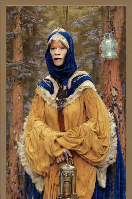 Image similar to portrait of the last queen of the dawn mountains with her lantern and regalia, by Annie Swynnerton and John Bauer and John William Godward and Donato Giancola and Vermeer, embroidered velvet, iridescent beetles, rich color, ornate headdress, flowing robes, lost runes, ancient civilizations, dramatic cinematic lighting, featured on Artstation, cgisociety, extremely detailed