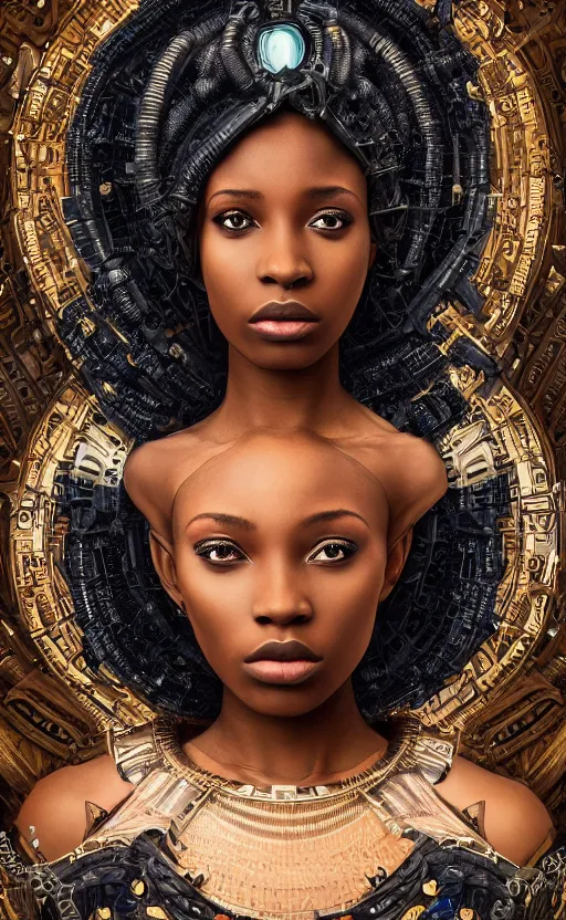 Prompt: beautiful young cyborg queen, african, beautiful dark skin, piercing glowing eyes, elegant, striking composition, ornate royal gown, highly detailed ornate sci fi background, mural in the style of sandro botticelli, caravaggio, albrecth durer, 8k