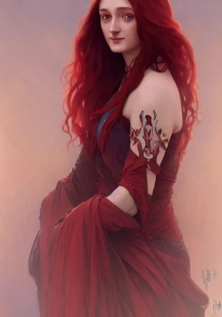 Prompt: portrait of sansa stark with red long hair, intricate, elegant, highly detailed, digital painting, artstation, concept art, smooth, sharp focus, illustration, art by artgerm and greg rutkowski and alphonse mucha and william - adolphe bouguereau