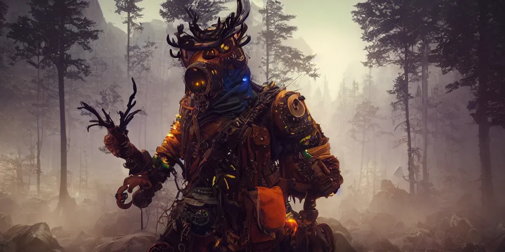 Image similar to woodsman wearing a steampunk and neonpunk mechanical fluorescent mystical animal mask in strange misty mountain landscape. fight with night monsters, night, realism in style of fornite game, 4 k, octane render, artwork by tooth wu and wlop and beeple and greg rutkowski, ambient occlusion, award winning photograph, epic cinematic shot