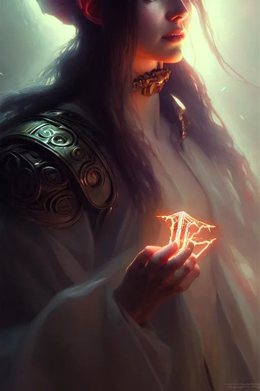 Image similar to beautiful necromancer girl, angels, wonderful eyes, three - dimensional rendering, hyperrealistic detailed portrait holding light and electricity, ruan jia, clap. scifi, fantasy, magic the gathering, over - detailed, octane rendering, concept art by artgerm, peter murbacher, detailed and complex environment