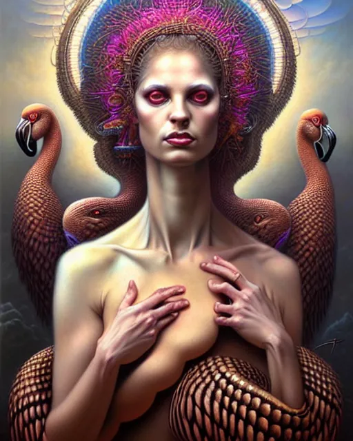 Image similar to a detailed portrait of dreampunk flamingo python hybrid mix beautiful! goddess by tomasz alen kopera and peter mohrbacher