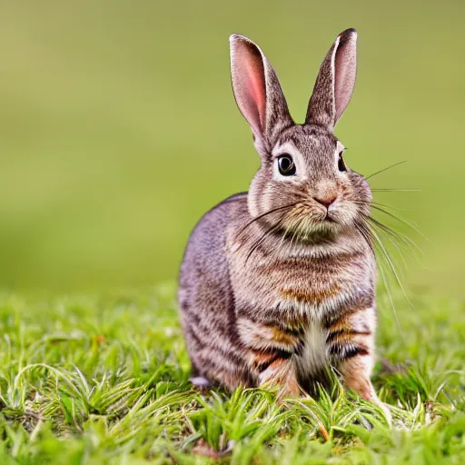 Prompt: high quality photography of rabbit cross cat on simple blurred background from National GeoGraphic Award winning.