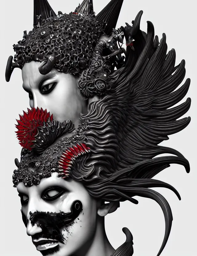 Image similar to 3 d goddess close - up profile satan biohazard portrait with crown, ram skull. beautiful intricately detailed japanese crow kitsune mask and clasical japanese kimono. betta fish, jellyfish phoenix, bio luminescent, plasma, ice, water, wind, creature, artwork by tooth wu and wlop and beeple and greg rutkowski