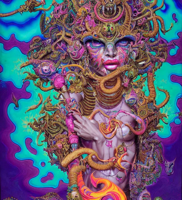 Image similar to lisa frank blotter acid fantasy character portrait of kali ma, ultra realistic, wide angle, intricate details, dharma artifacts, aum, highly detailed by hr giger, peter mohrbacher, wayne barlowe, boris vallejo, hajime sorayama aaron horkey, gaston bussiere, craig mullins