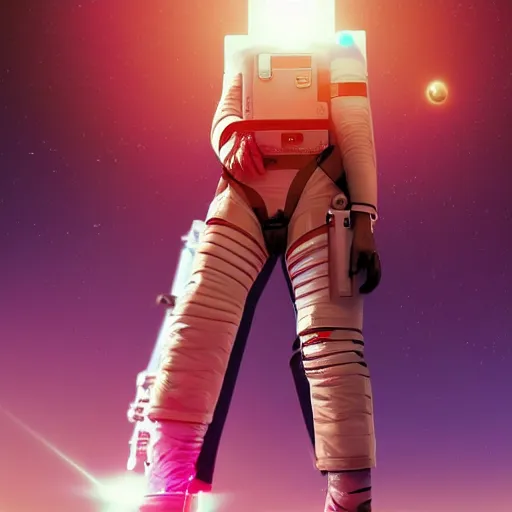 Image similar to A wide angle shot from below of a female astronaut with a feminine body walking with swagger towards camera on mars in an infinite universe , synthwave digital art