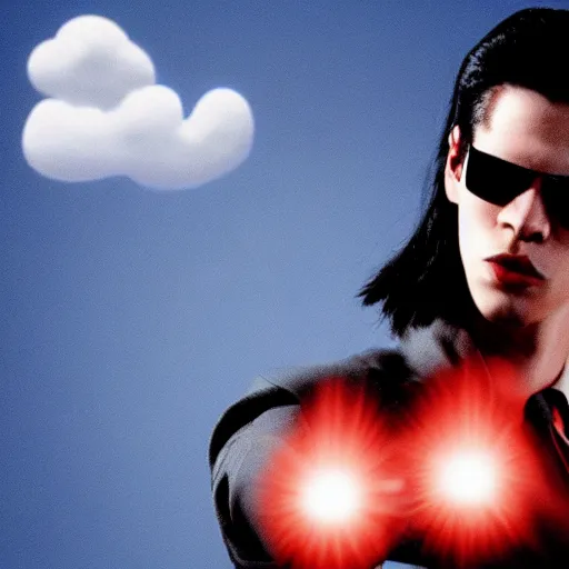 Prompt: neo from matrix holding a red pill close to his mouth, a cloud with text'ignorance is bliss'- n 9