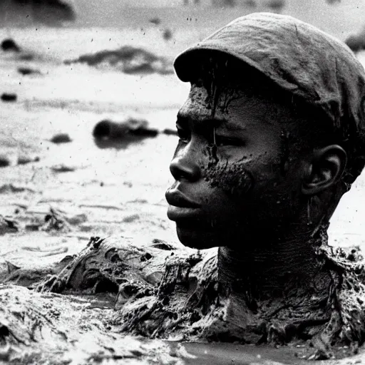 Image similar to 1 8 year old black boy soldier, rising out of muddy vietnam river, face covered in mud, low camera angle at water level, night time, film still from apocalypse now ( 1 9 7 9 ), 2 6 mm,