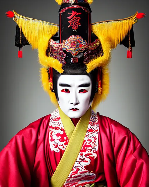 Image similar to photo of a Dramatic Peking Opera male character wearing elaborate makeup and full chinede opera costume in the style of stefan kostic, realistic, sharp focus, symmetric, 8k high definition, insanely detailed, intricate, elegant, art by stanley lau and artgerm, William-Adolphe Bouguereau