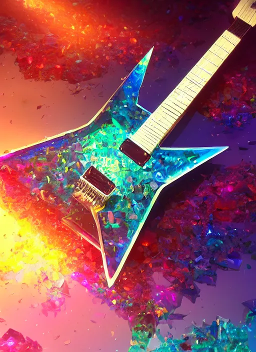 Prompt: a photo of 8 k ultra realistic corrupted rainbow shard electric guitar, swarm of transparent glass shards, d & d, fantasy, cinematic lighting, highly detailed, artstation, concept art, smooth, sharp focus, illustration, warm light, cozy warm tint, magic the gathering artwork, volumetric lighting, art by akihiko yoshida, greg rutkowski