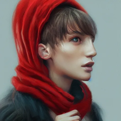 Image similar to human female portrait, red scarf, hatched ear, golden earring, white background, by horace hsu, tony sart, miles johnston, highly detailed, digital illustration, concept art, trending on artstation