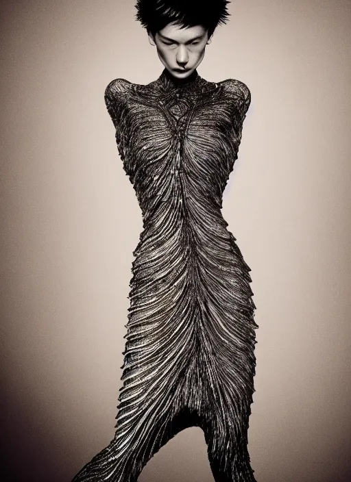 Image similar to a portrait of beautiful model tessa kuragi wearing iris van herpen dress, by serge lutens, photorealistic, intricate details, hyper realistic, photorealistic, canon r 3, photography, symmetrical features, symmetrical pose, wide angle shot, head to toe, standing pose, feet on the ground,