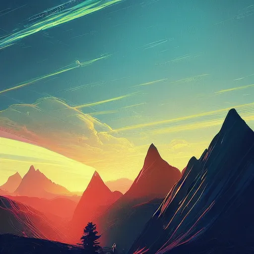 Image similar to the sun is setting over a mountain range, cyberpunk art by alena aenami, featured on deviantart, digital art, matte drawing, matte painting, speedpainting