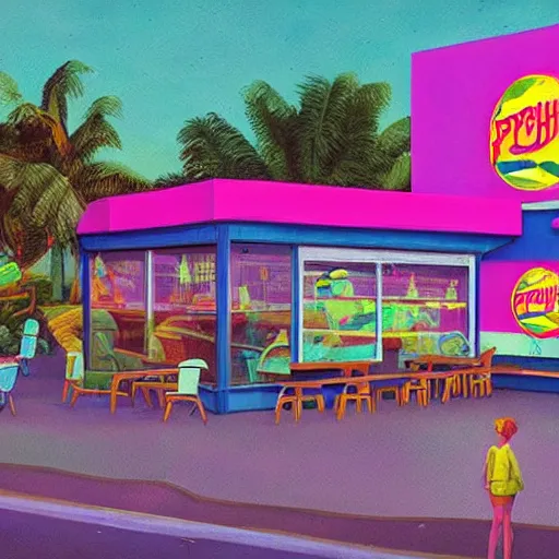 Image similar to psychedelic fast food restaurant near the beach by simon stalenhag