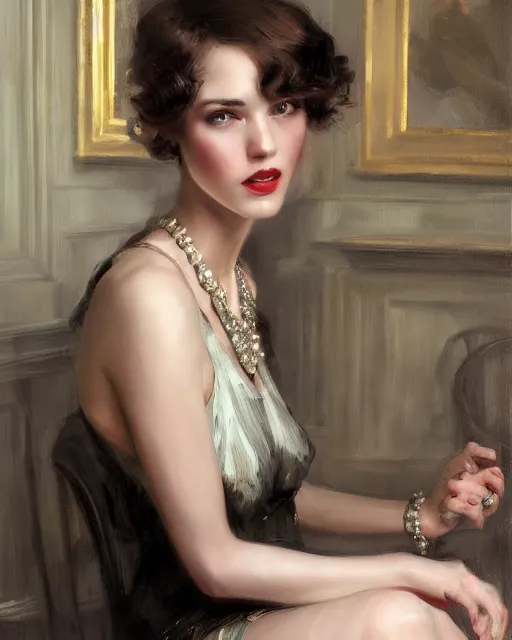 Image similar to daniel gerhartz and artgerm portrait digital realist painting of a 1 9 2 0 s beautiful woman at a party in a mansion, mansion interior in the background, unreal engine, hyper realism, realistic shading, cinematic composition, realistic render, octane render, detailed textures, photorealistic, ultrawide shot, 3 5 mm film