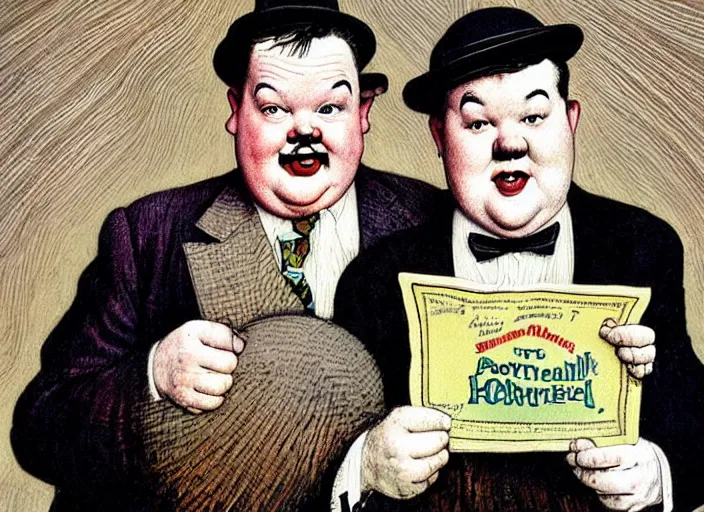 Image similar to “ portrait of laurel and hardy, by norman rockwell and robert crumb, coloured ”