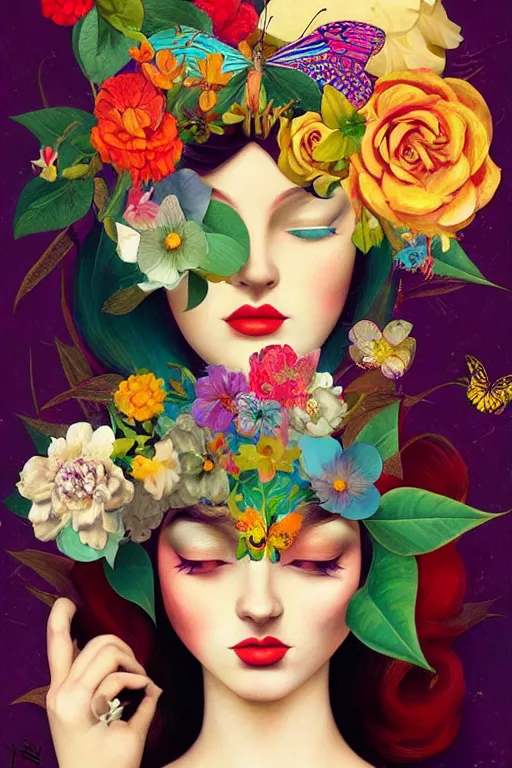 Prompt: dream illustration woman with exotic flowers on her head, flowers, butterflies, surrealist style, Collage Art by James Jean, masterpiece, Edward Hopper and James Gilleard, Ross Tran, Mark Ryden, Wolfgang Lettl, Yayoi Kasuma